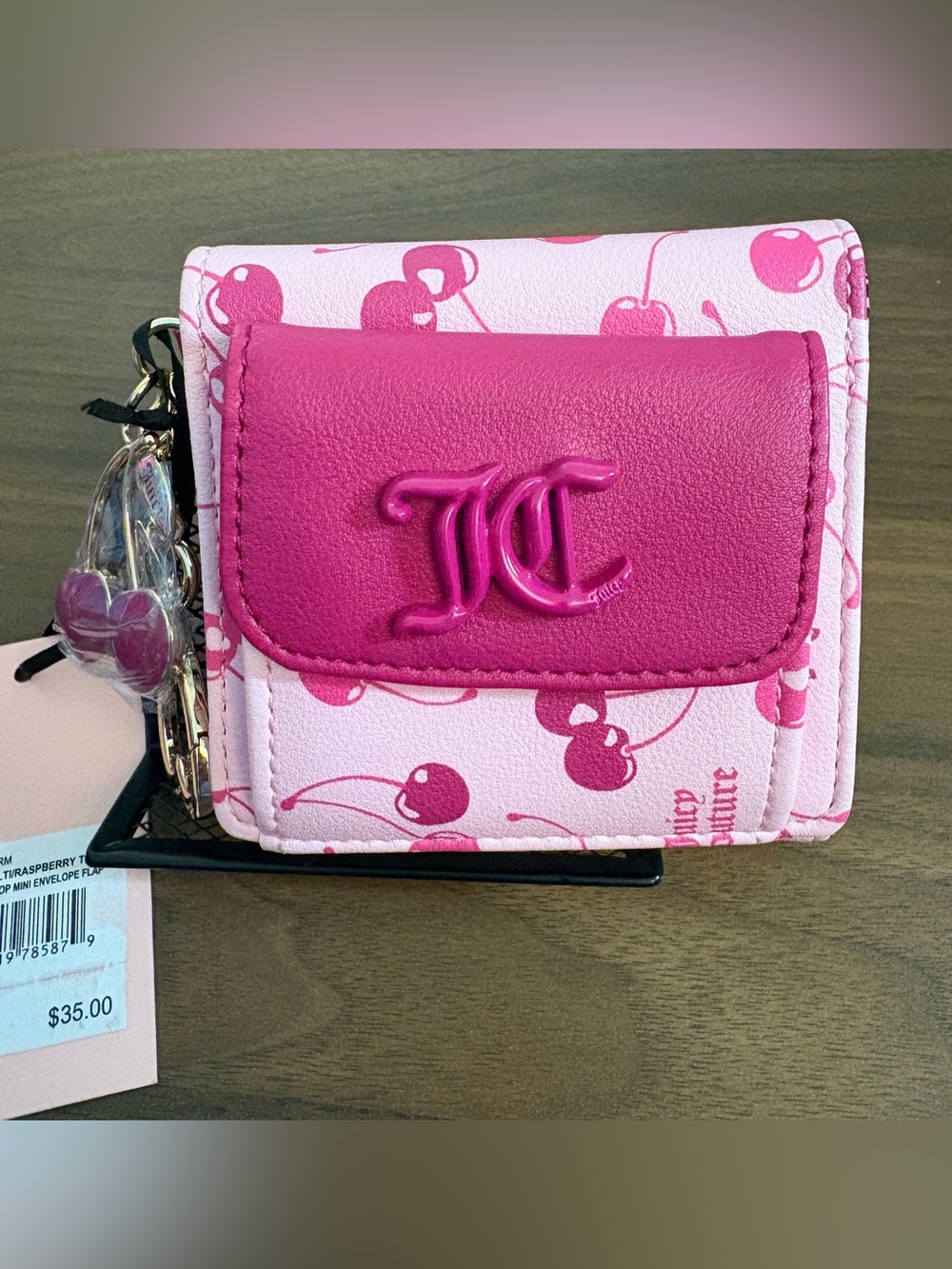 Juicy Couture Pink Cherry Print Mini Wallet with Hot Pink Flap
